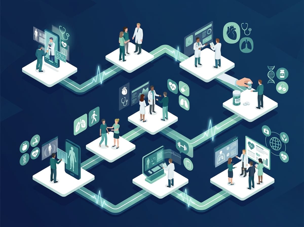 Ilustração abstrata mapeando a jornada clínica do paciente conectando várias especialidades médicas